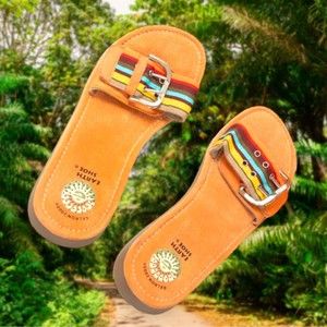 Earth Shoe BIRCH Slides Gelron 2000 ORANGE Leather MULTI Stripe Strap Size 6 EUC